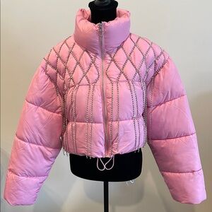 Crop Pink Quilted Jacket with Chain Detail